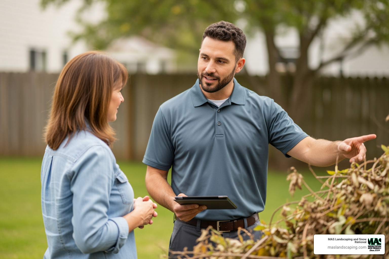 friendly landscaper providing an on-site estimate to a homeowner - brush removal in my area