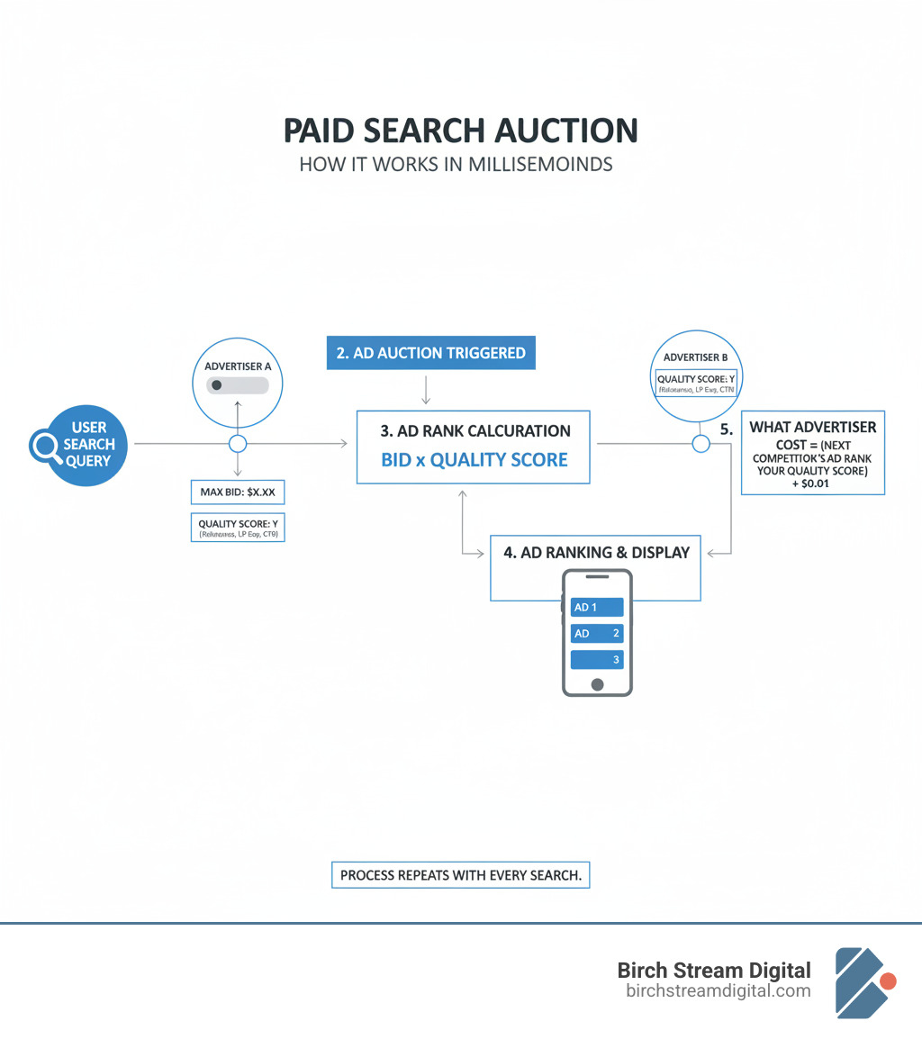 Infographic showing the paid search auction process: A user enters a search query, triggering an ad auction where advertisers with relevant keywords compete. The system evaluates each advertiser's maximum bid and Quality Score (based on ad relevance, landing page experience, and expected clickthrough rate). Ad Rank is calculated by multiplying bid times Quality Score. Ads are ranked and displayed on the search results page based on Ad Rank. The advertiser pays slightly more than the next competitor's Ad Rank divided by their own Quality Score, plus one cent. This process happens in milliseconds every time someone searches, an infographic about paid search bid management.