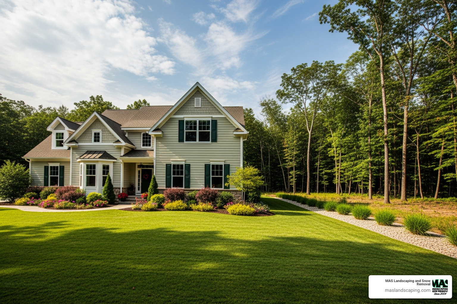 home with a clean, well-maintained yard, showing a clear defensible space from surrounding woods - brush removal in my area