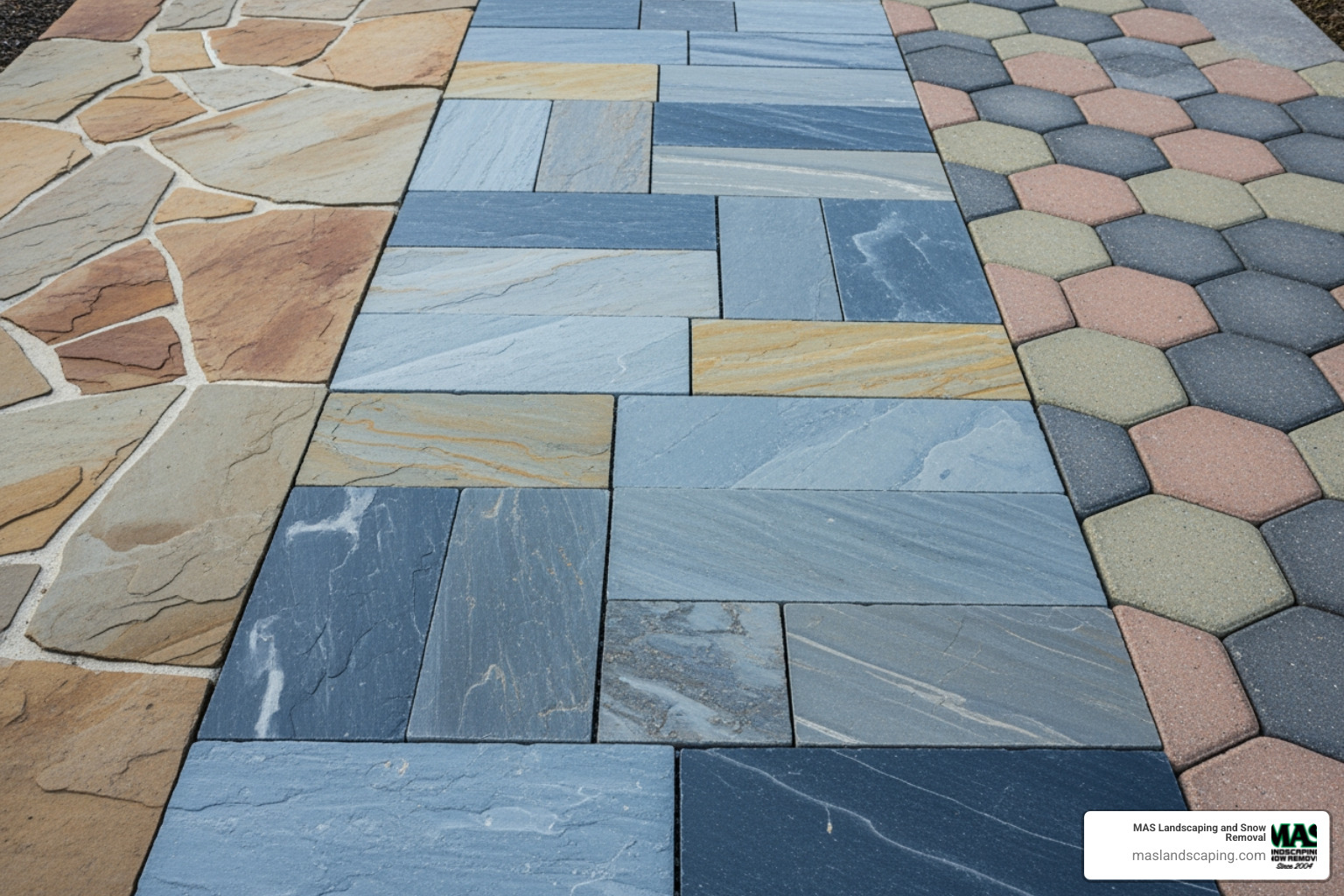 Variety of stone walkway materials like flagstone, bluestone, and concrete pavers - stone walkway contractor