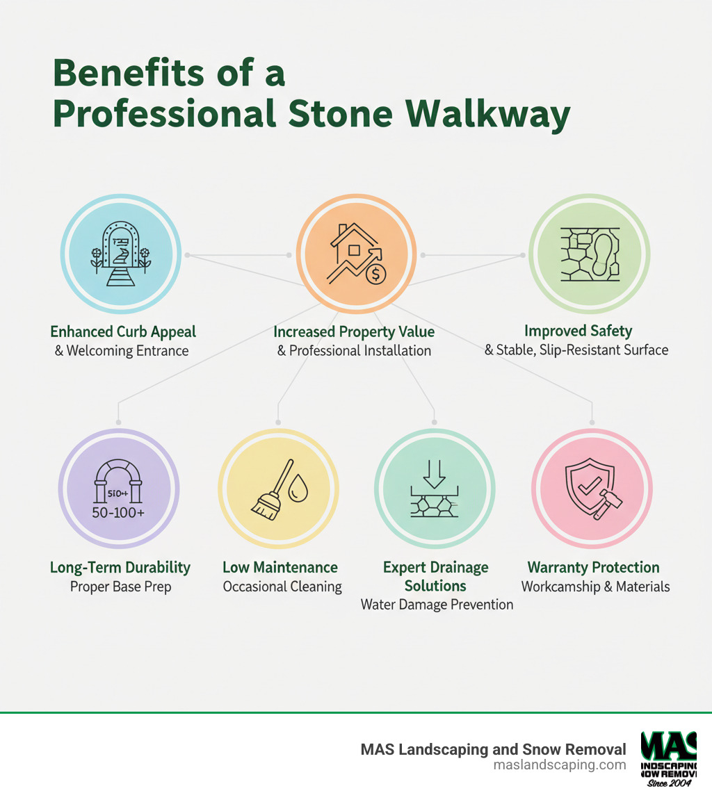 Infographic showing the benefits of hiring a professional stone walkway contractor: enhanced curb appeal with welcoming entrance, increased property value through professional installation, improved safety with stable slip-resistant surface, long-term durability lasting 50-100+ years with proper base preparation, low maintenance requiring only occasional cleaning, expert drainage solutions preventing water damage, and warranty protection on workmanship and materials - stone walkway contractor infographic 