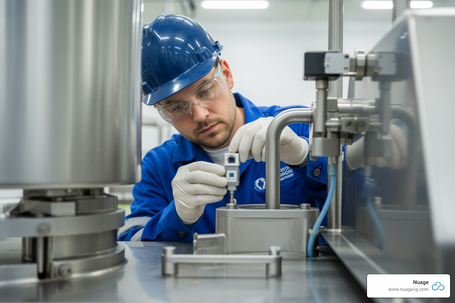 worker using an IIoT sensor on a piece of factory equipment - food and beverage software systems worker using an IIoT sensor on a piece of factory equipment - food and beverage software systems