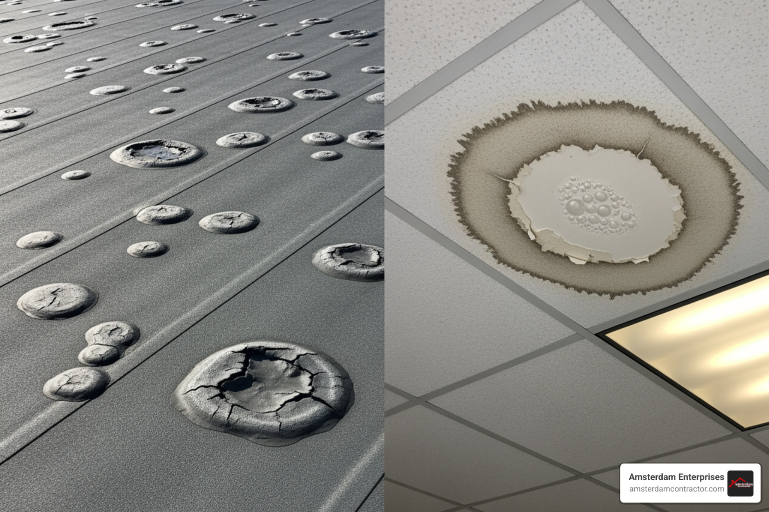 visible roof damage, like blistering on a flat roof or a water stain on an office ceiling - local commercial roofing contractor