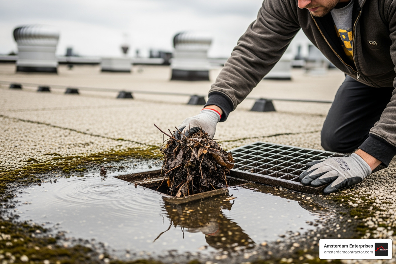 roofer clearing debris from a commercial roof drain - local commercial roofing contractor