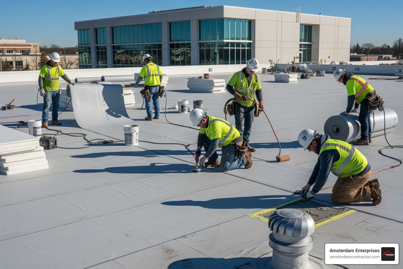 team installing a TPO roofing system - local commercial roofing contractor
