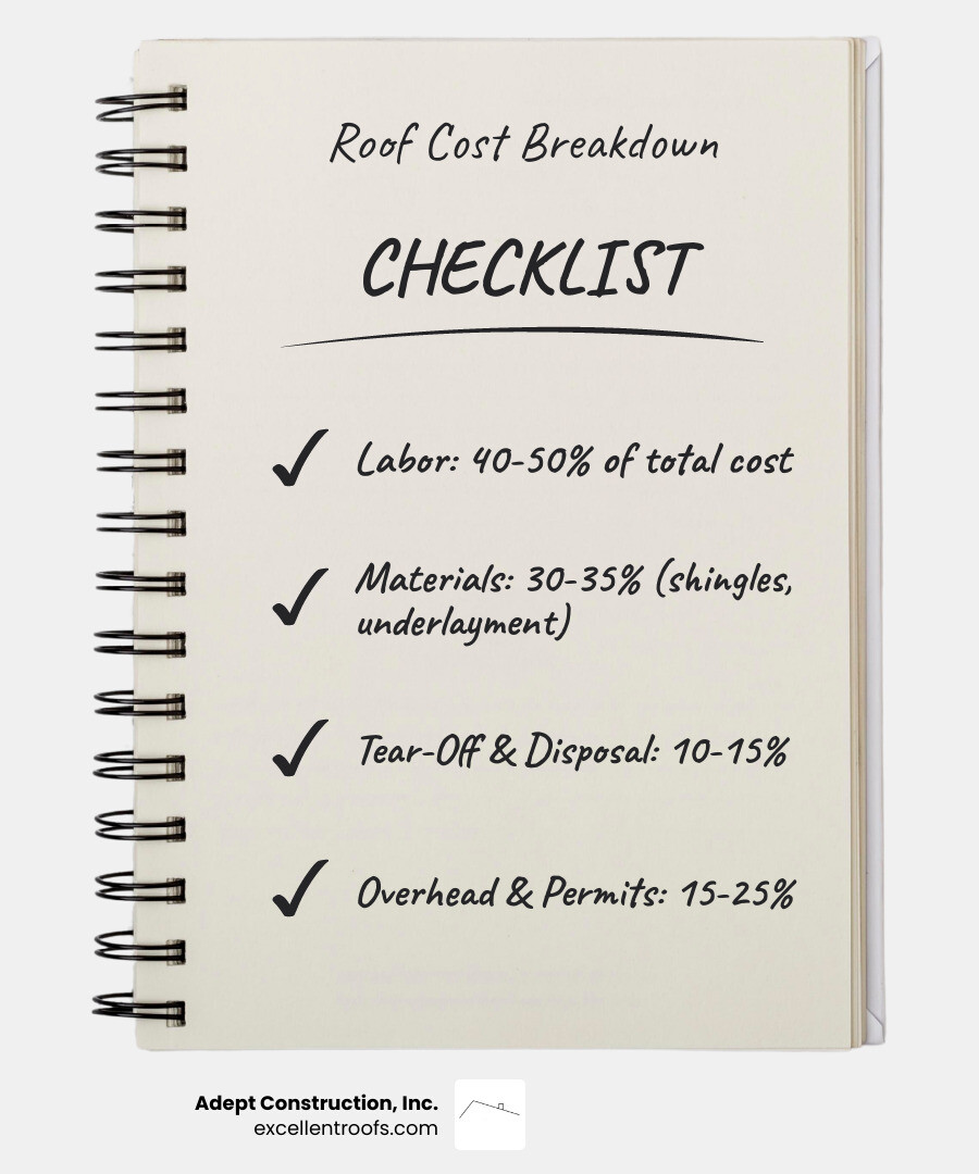Cost breakdown infographic showing the five main components of roof replacement: 40-50% labor costs, 30-35% materials (shingles, underlayment), 10-15% tear-off and disposal, 5-10% permits and inspections, and 10-15% contractor overhead and profit - cost to tear off and replace shingles infographic checklist-notebook
