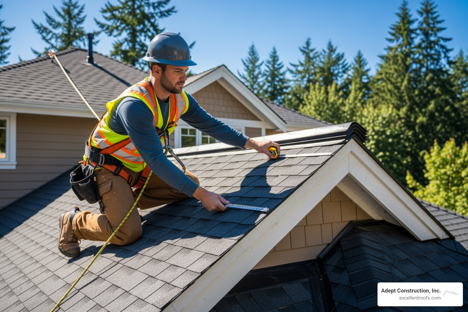 Roofer measuring steep roof - cost to tear off and replace shingles