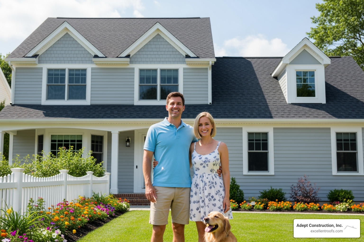 Happy homeowners with new roof - cost to tear off and replace shingles