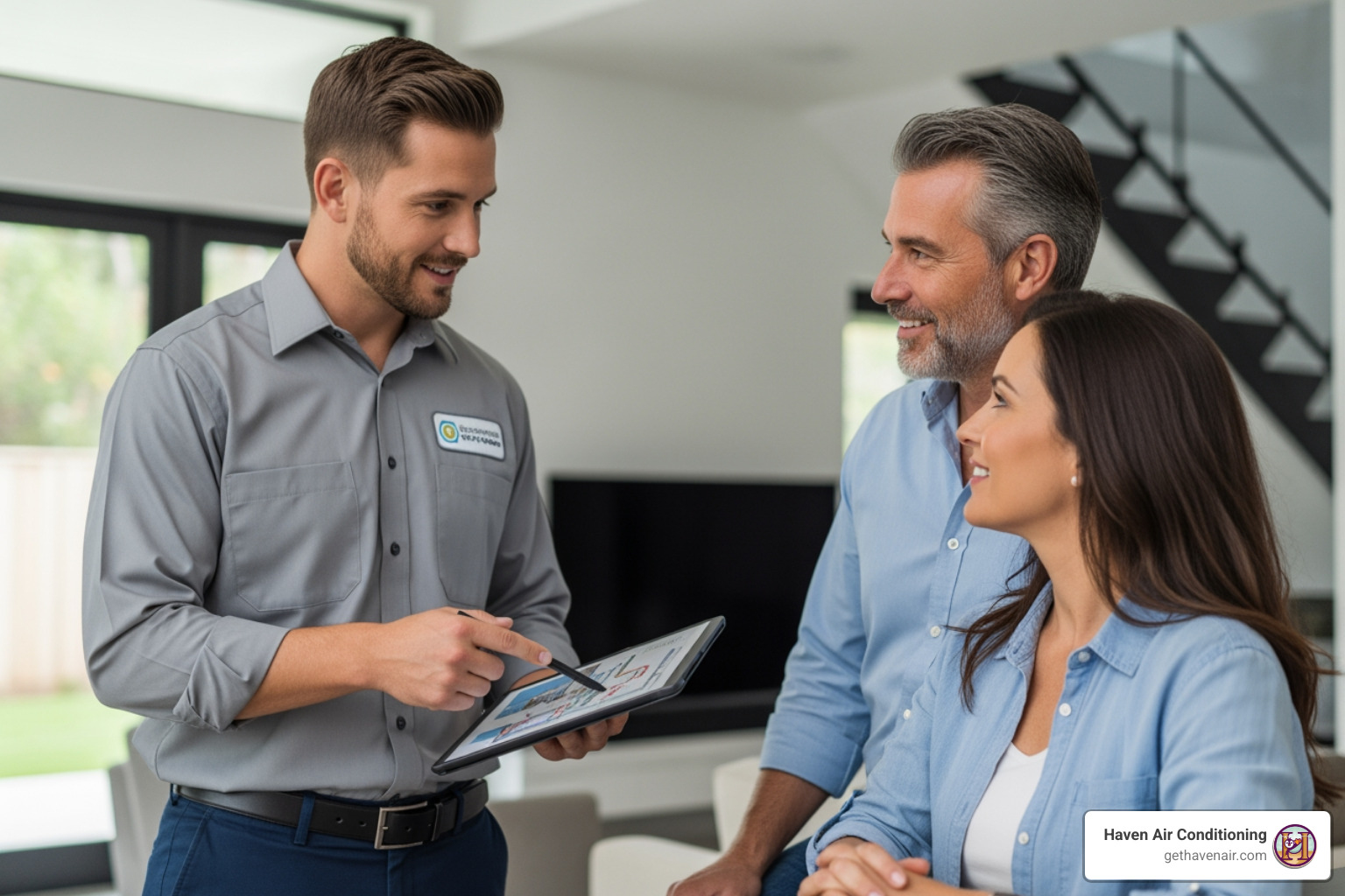 Friendly technician consulting with a homeowner - geothermal heating and cooling contractors