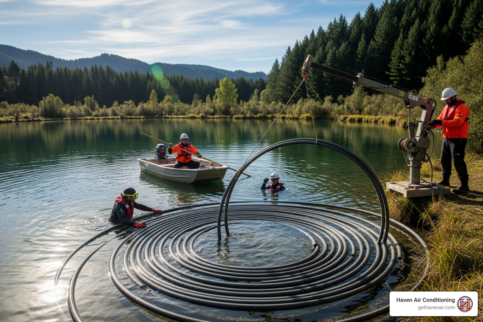 Pond loop installation for a geothermal heating and cooling system - geothermal heating and cooling contractors