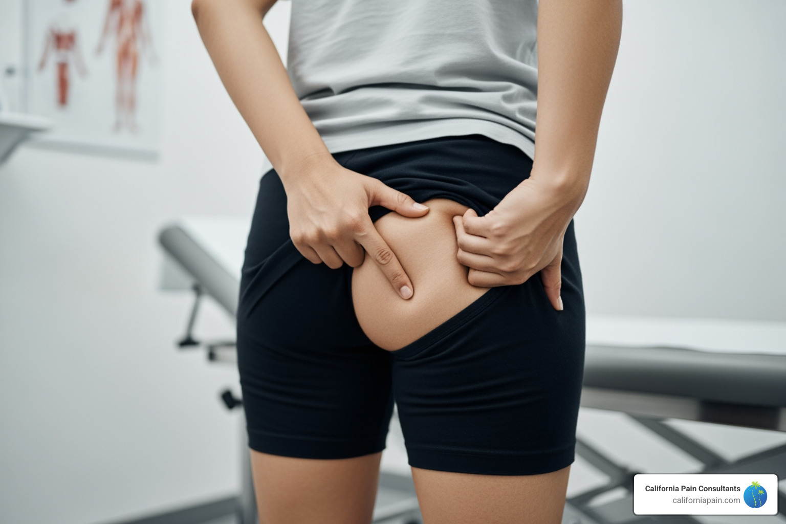 A person pointing to their buttock, indicating pain - pulled muscle in buttock how long to heal