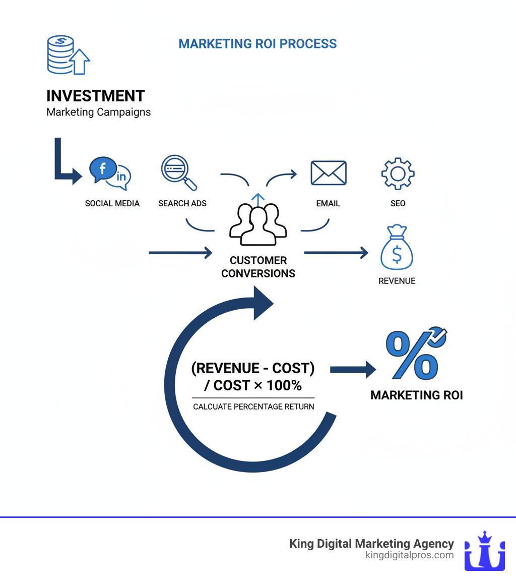 Infographic showing the ROI calculation process: money invested into marketing campaigns flows through various channels (social media, search ads, email, SEO), generates customer conversions and revenue, which is then measured against initial investment to calculate percentage return - Marketing ROI Calculator infographic Infographic showing the ROI calculation process: money invested into marketing campaigns flows through various channels (social media, search ads, email, SEO), generates customer conversions and revenue, which is then measured against initial investment to calculate percentage return - Marketing ROI Calculator infographic