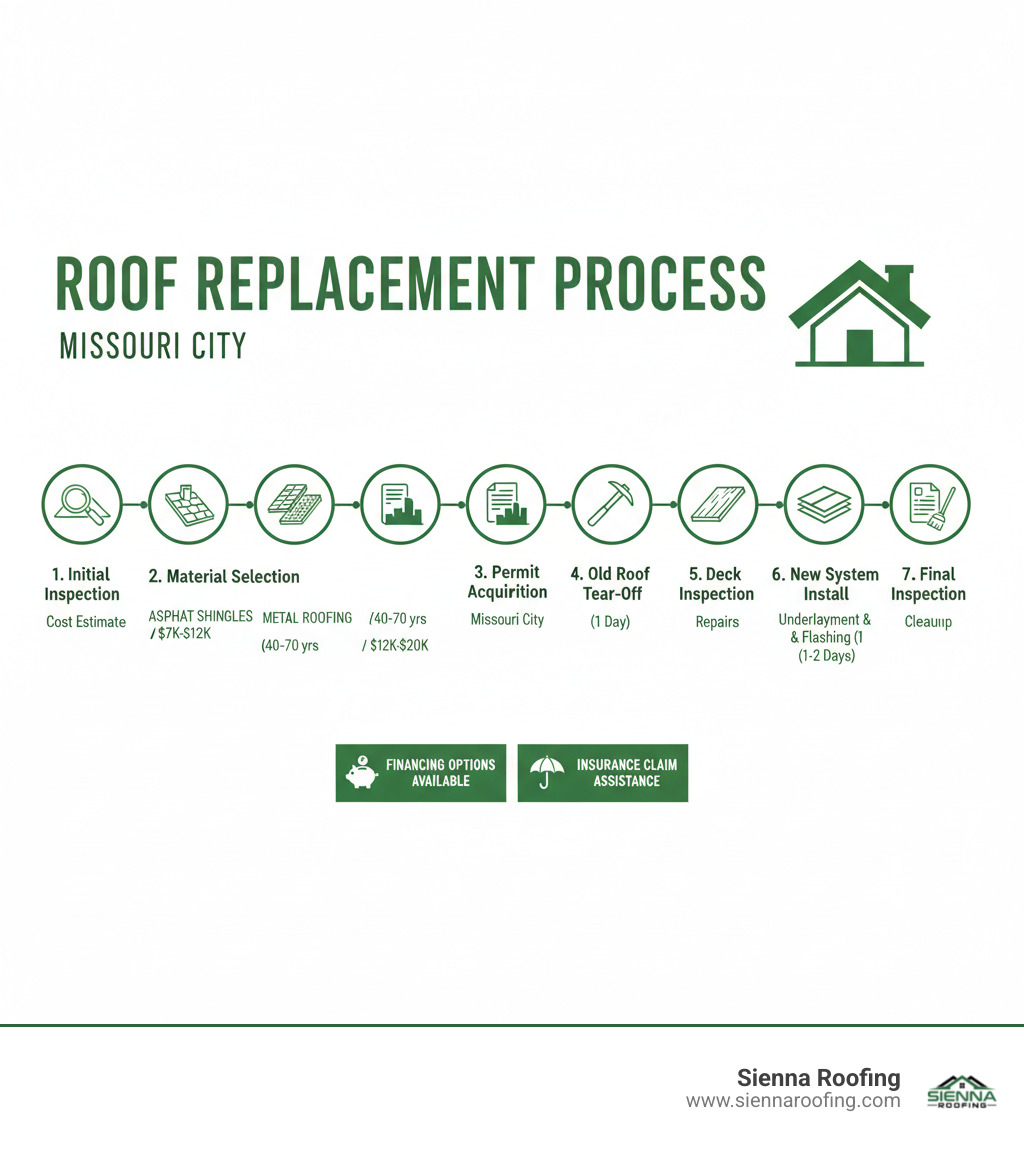 Infographic showing the complete roof replacement process in Missouri City: 1) Initial inspection and cost estimate, 2) Material selection (asphalt shingles 15-25 years/$7,000-$12,000, metal roofing 40-70 years/$12,000-$20,000), 3) Permit acquisition from Missouri City, 4) Old roof tear-off (1 day), 5) Deck inspection and repairs, 6) New system installation with underlayment and flashing (1-2 days), 7) Final inspection and cleanup, plus financing options and insurance claim assistance available - roof replacement missouri city infographic 