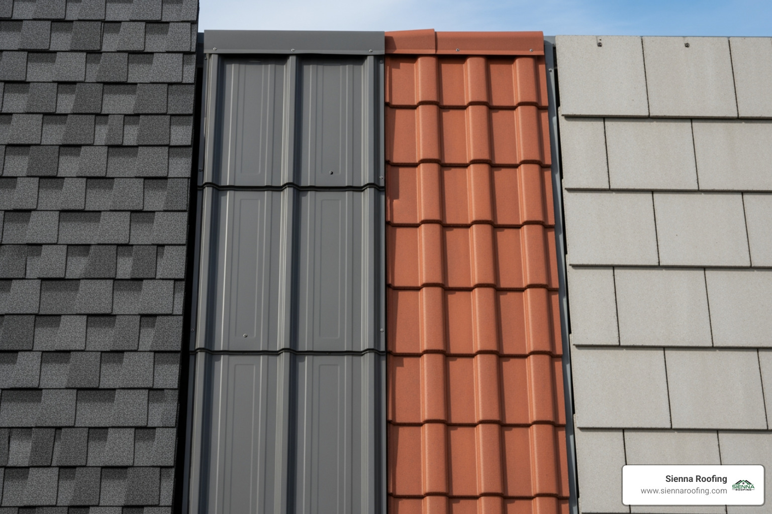 showcasing different roofing materials like asphalt shingles and metal panels - roof replacement missouri city