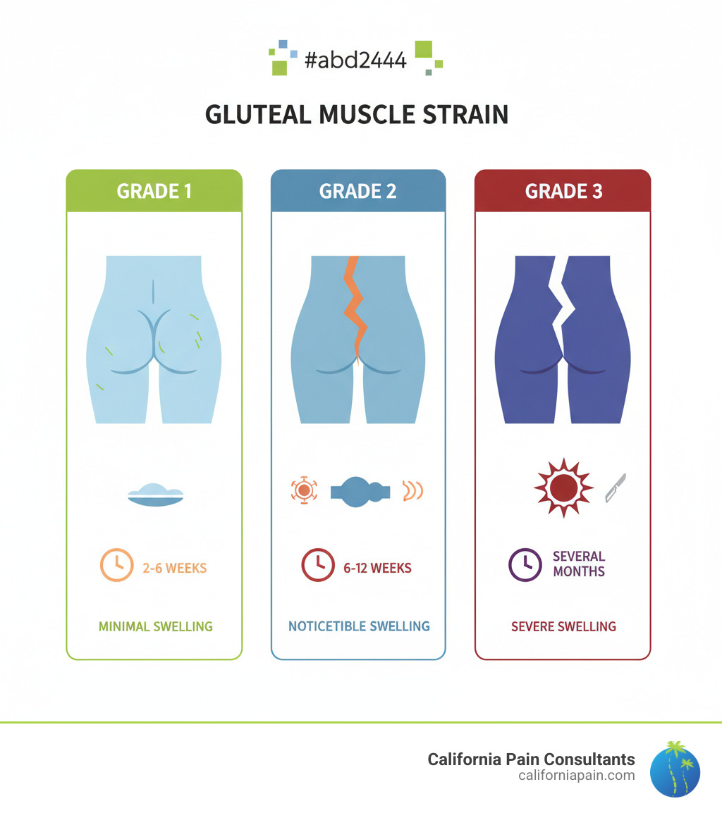 Infographic showing three grades of gluteal muscle strain: Grade 1 (mild, microscopic tears, 2-6 weeks healing, minimal swelling), Grade 2 (moderate, partial muscle tear, 6-12 weeks healing, noticeable pain and swelling), and Grade 3 (severe, complete rupture, several months healing, severe pain and possible surgery required) - pulled muscle in buttock how long to heal infographic 