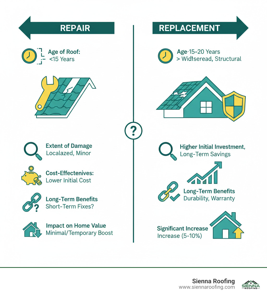 Infographic comparing roof repair vs. replacement considerations: Age of roof, extent of damage, cost-effectiveness, long-term benefits, and impact on home value - roof replacement missouri city infographic 
