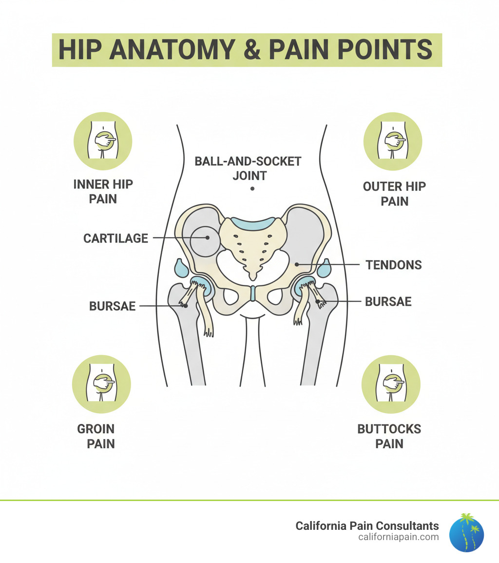 infographic showing hip joint anatomy with labeled parts including the ball-and-socket joint, cartilage, tendons, bursae, and common pain locations marked in the inner hip, outer hip, groin, and buttocks areas - hip pain relief infographic infographic showing hip joint anatomy with labeled parts including the ball-and-socket joint, cartilage, tendons, bursae, and common pain locations marked in the inner hip, outer hip, groin, and buttocks areas - hip pain relief infographic