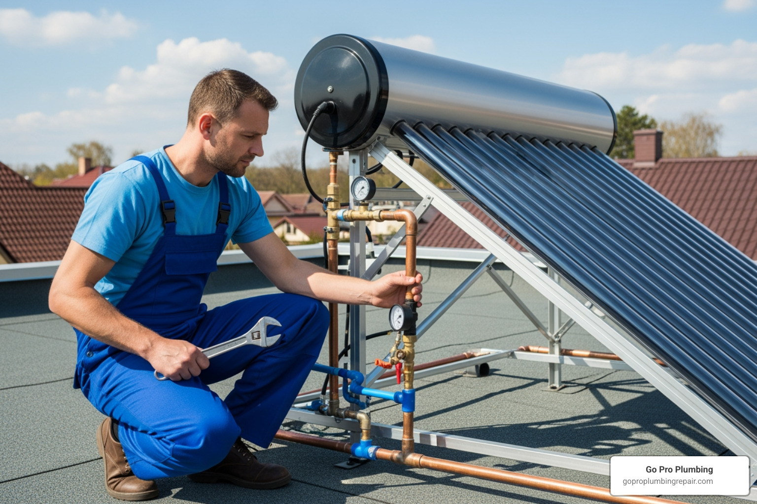 plumber making connections to solar water heater - plumbing for solar water heater plumber making connections to solar water heater - plumbing for solar water heater