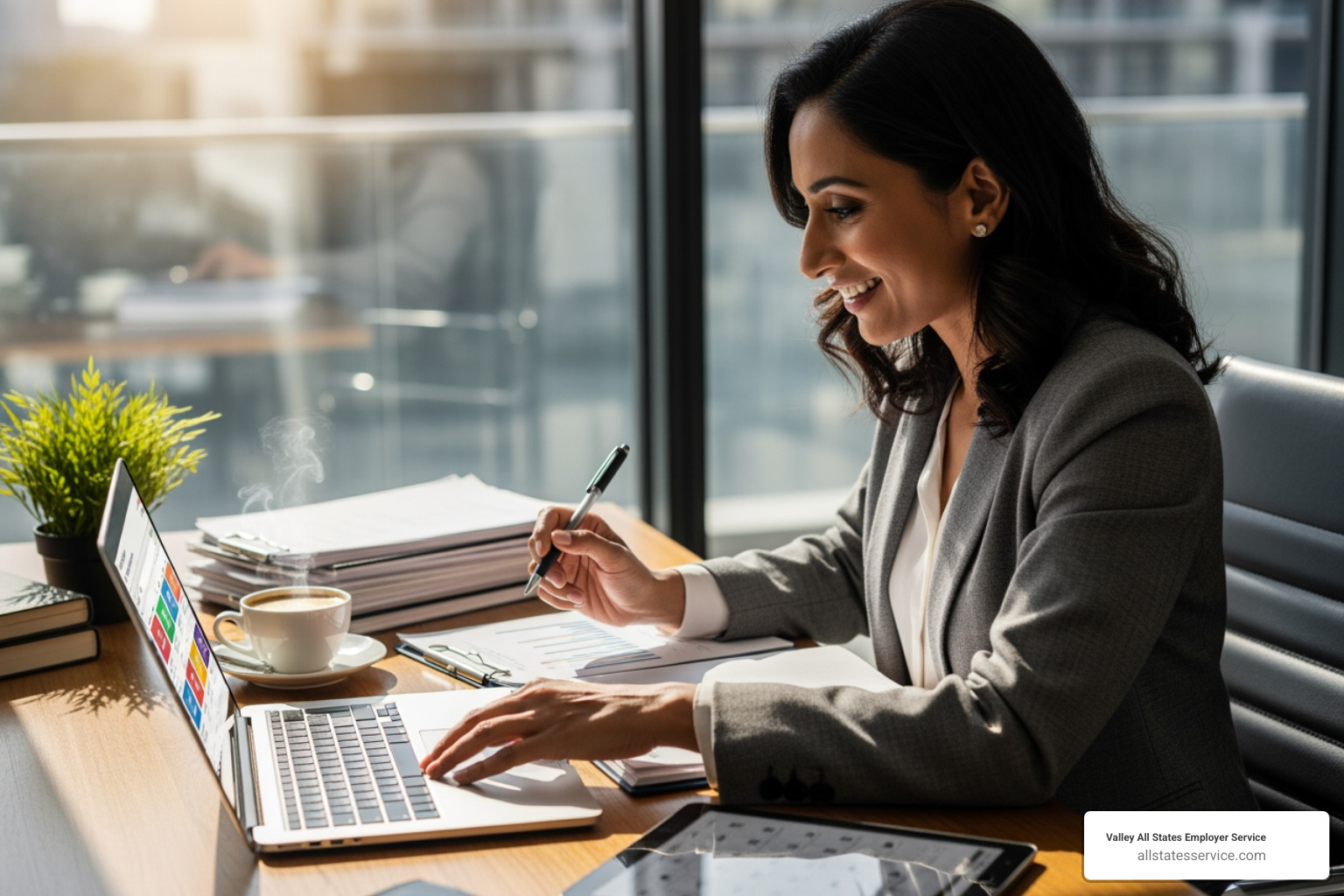 a business owner smiling and focusing on their work - outsourced HR compliance