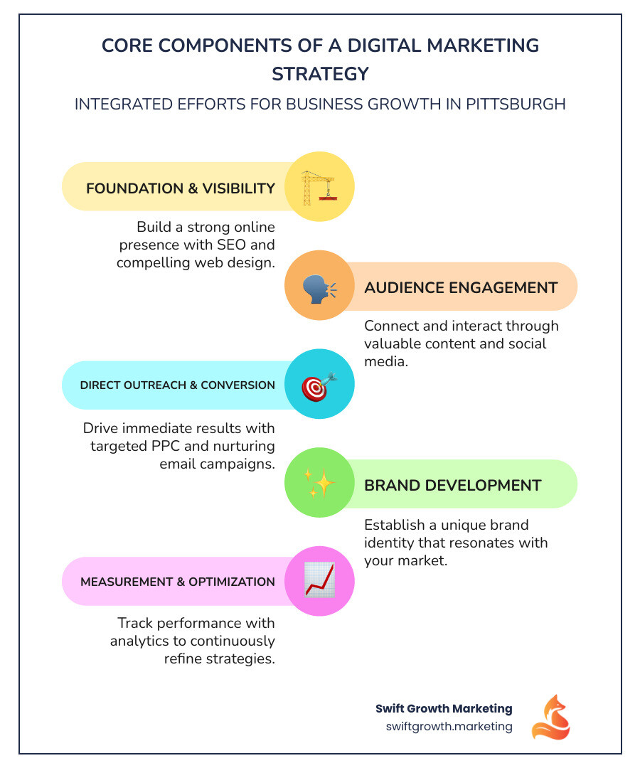 Infographic showing core components of digital marketing strategy including SEO, PPC, content marketing, social media management, web design, email marketing, analytics tracking, and brand strategy with arrows showing how they interconnect to drive business growth - digital marketing agency pittsburgh infographic infographic-line-5-steps-colors