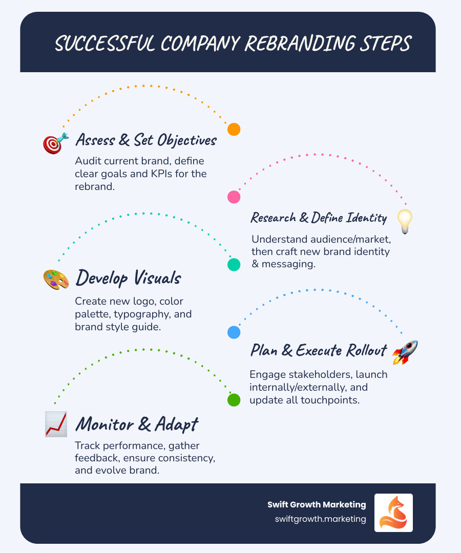 Infographic showing the 10 key steps of a successful company rebranding strategy: 1. Assess current brand and set objectives, 2. Research audience and market landscape, 3. Define new brand identity and messaging, 4. Develop new visual identity, 5. Plan rollout and involve stakeholders, 6. Launch internally with employee training, 7. Launch externally with coordinated marketing, 8. Update all brand touchpoints, 9. Monitor performance and gather feedback, 10. Maintain consistency and adapt over time - company rebranding strategy infographic infographic-line-5-steps-blues-accent_colors