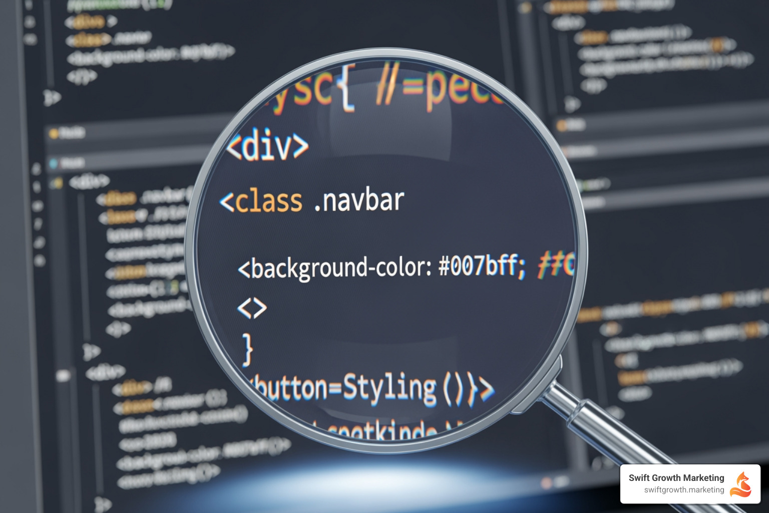 website's code with a magnifying glass over it - ecommerce SEO strategy