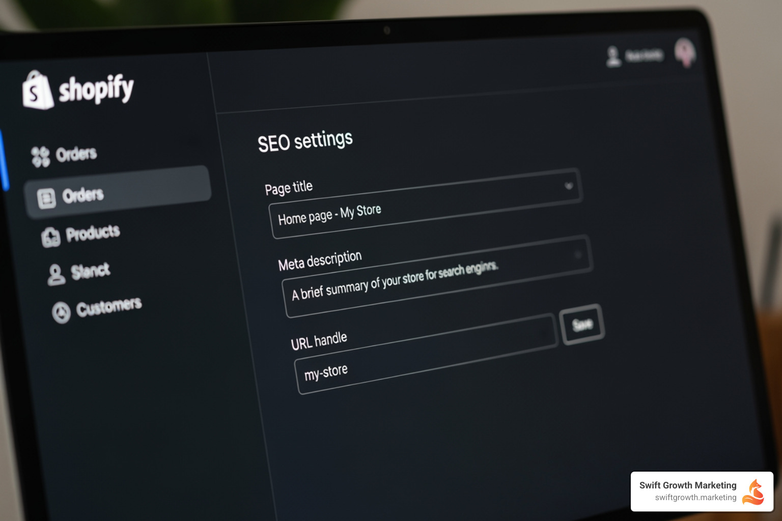 Shopify admin dashboard with SEO settings highlighted - shopify seo