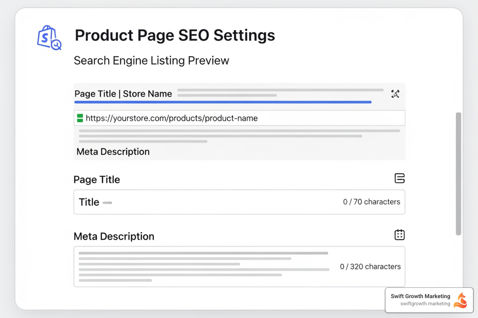 Shopify product page editor showing title and meta description fields - shopify seo