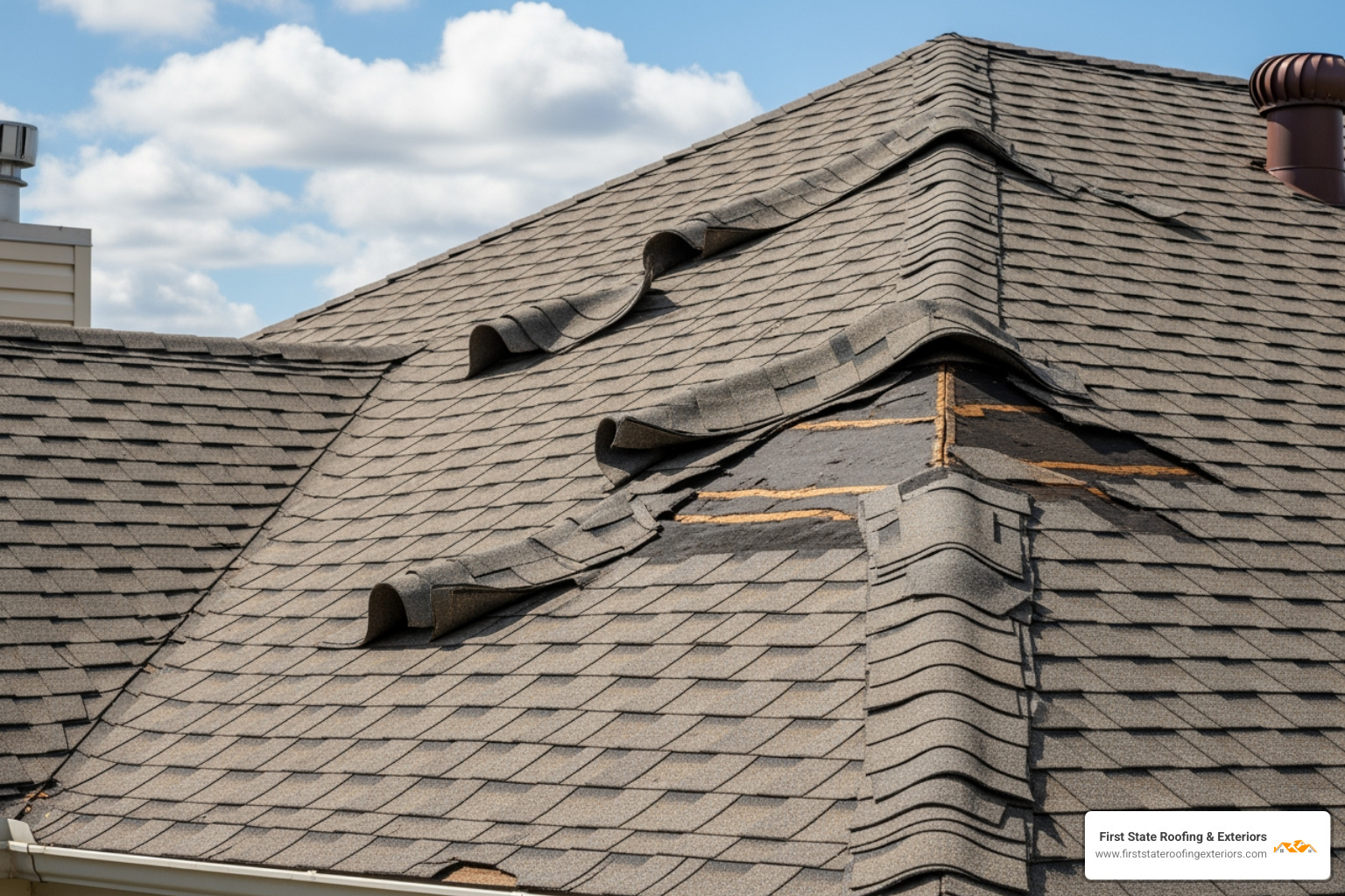 Curled and missing asphalt shingles on a roof - Milford roof repair Curled and missing asphalt shingles on a roof - Milford roof repair