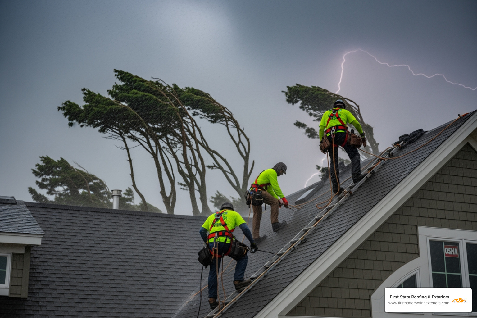 A coastal home in Milford, DE, with a durable roof weathering a storm, showcasing proper OSHA-compliant safety harnesses on roofers if present - Milford roof repair A coastal home in Milford, DE, with a durable roof weathering a storm, showcasing proper OSHA-compliant safety harnesses on roofers if present - Milford roof repair
