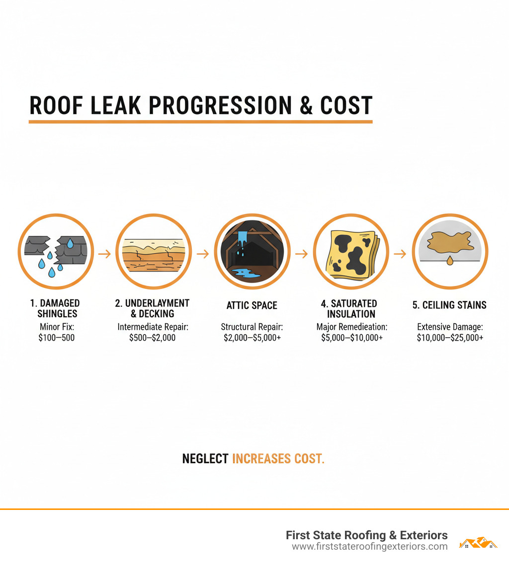 Infographic showing the progression of a roof leak: starting with damaged shingles allowing water penetration, moving through compromised underlayment and decking, water entering the attic space, saturating insulation, and finally appearing as ceiling stains inside the home, with cost estimates increasing at each stage of neglect - Milford roof repair infographic Infographic showing the progression of a roof leak: starting with damaged shingles allowing water penetration, moving through compromised underlayment and decking, water entering the attic space, saturating insulation, and finally appearing as ceiling stains inside the home, with cost estimates increasing at each stage of neglect - Milford roof repair infographic