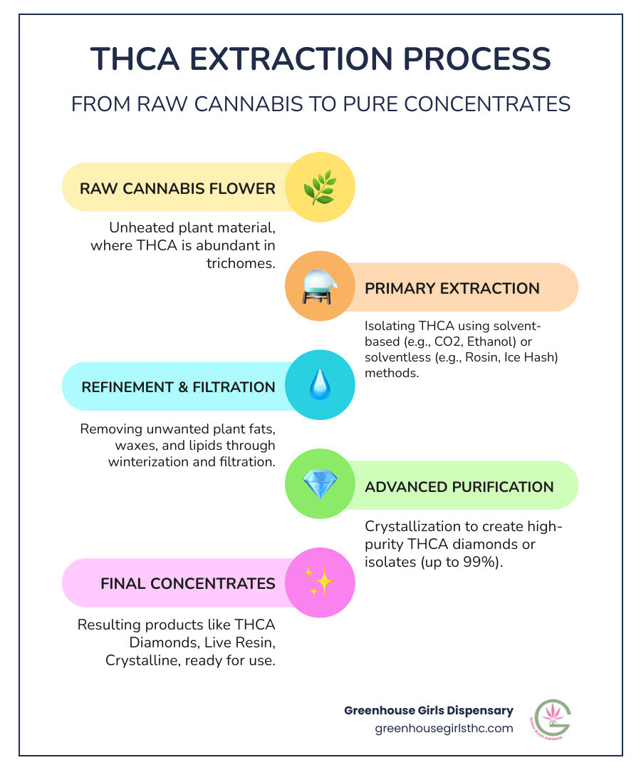 Infographic showing the step-by-step THCA extraction process: starting with raw cannabis flower, moving through extraction methods (solvent-based with butane/ethanol/CO2 or solventless with ice water/dry sift/rosin press), then post-processing steps of winterization and filtration, and ending with final concentrate forms like THCA diamonds, live resin, and crystalline isolate - thca extraction infographic infographic-line-5-steps-colors