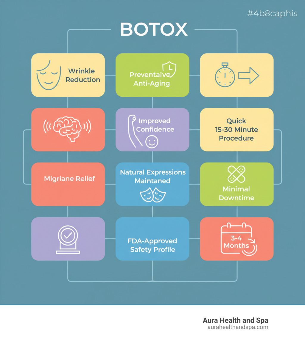 Infographic showing the benefits of Botox treatments including wrinkle reduction, preventative anti-aging, migraine relief, improved confidence, natural expressions maintained, quick 15-30 minute procedure, minimal downtime, results lasting 3-4 months, and FDA-approved safety profile - botox clinic near me infographic 