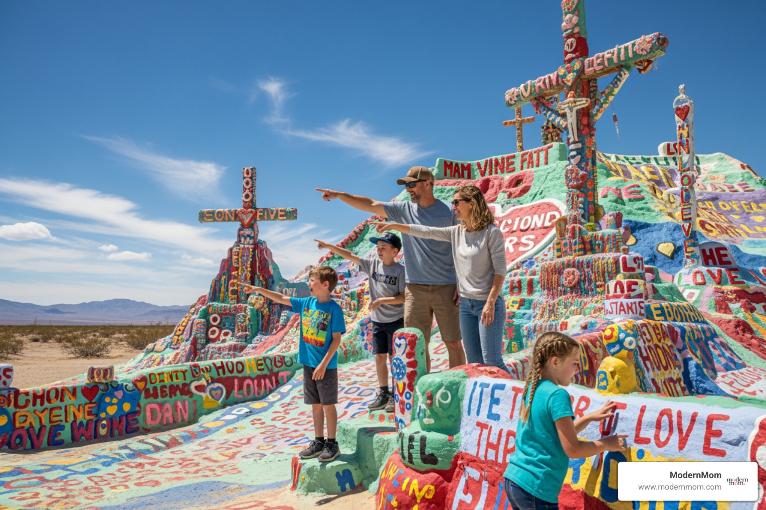 family exploring a quirky roadside attraction like Salvation Mountain - Road trip ideas