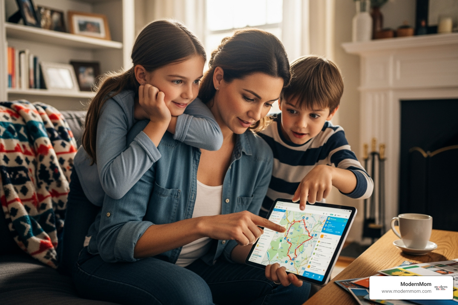 mom using a tablet to plan a route with kids looking on - Road trip ideas