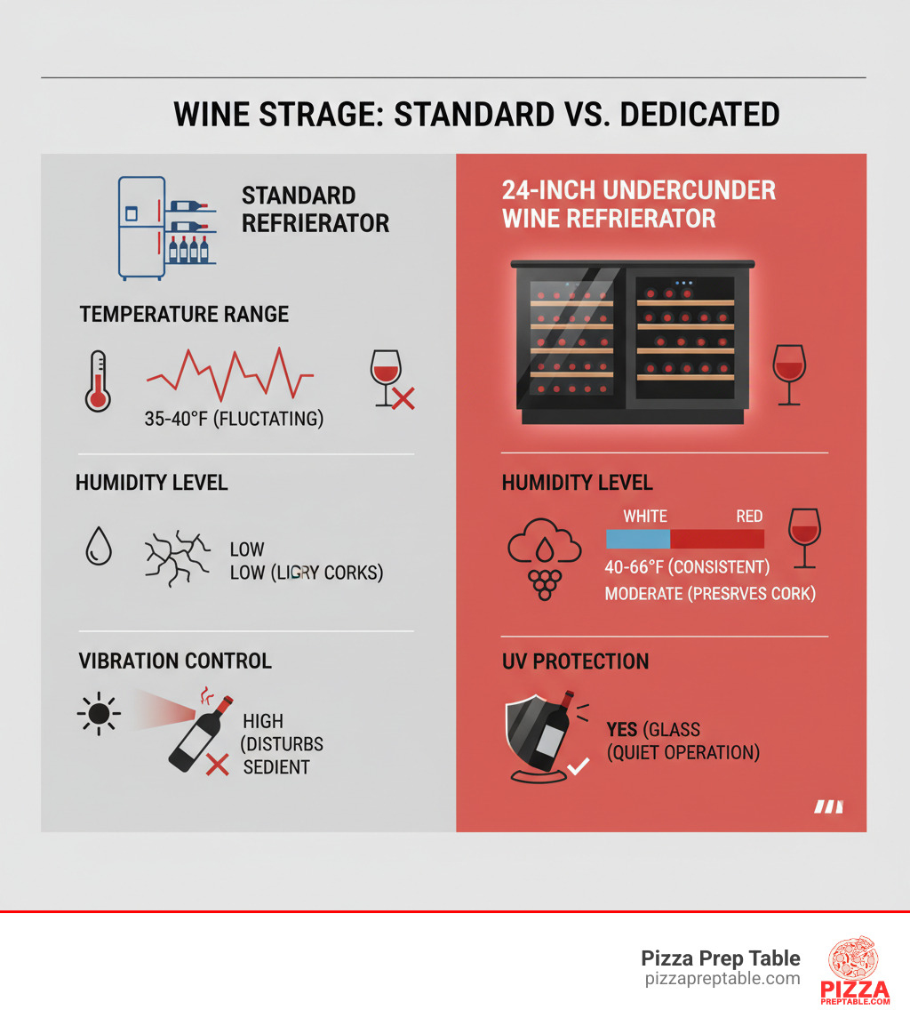 Infographic showing the key differences between storing wine in a standard refrigerator versus a dedicated 24-inch undercounter wine refrigerator, including temperature ranges, humidity levels, UV protection, and vibration control features - 24 undercounter wine refrigerator infographic Infographic showing the key differences between storing wine in a standard refrigerator versus a dedicated 24-inch undercounter wine refrigerator, including temperature ranges, humidity levels, UV protection, and vibration control features - 24 undercounter wine refrigerator infographic
