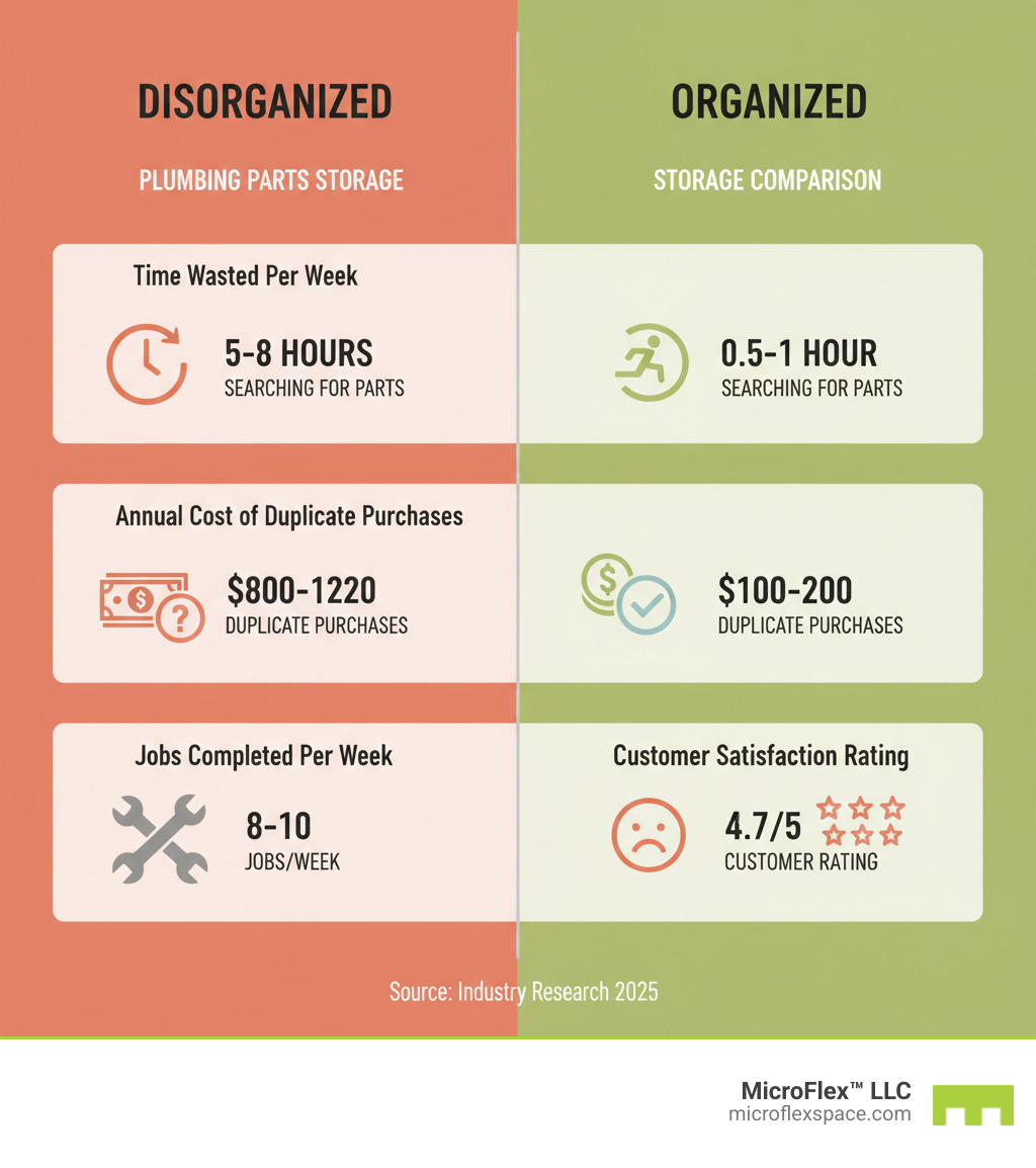 Infographic showing the comparison between disorganized vs organized plumbing parts storage: time wasted per week searching for parts (5-8 hours disorganized vs 0.5-1 hour organized), annual cost of duplicate purchases ($800-1200 vs $100-200), jobs completed per week (8-10 vs 12-15), and customer satisfaction rating (3.2/5 vs 4.7/5) - Plumbing parts storage infographic 