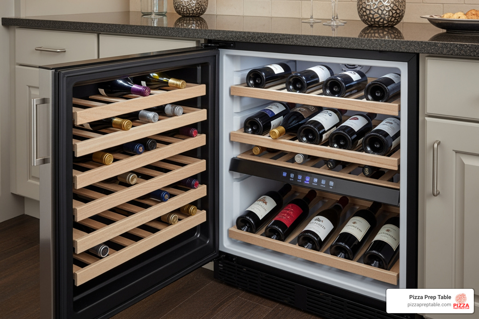 An undercounter wine refrigerator with its door open, showcasing neatly arranged bottles on wooden shelves - 24 undercounter wine refrigerator An undercounter wine refrigerator with its door open, showcasing neatly arranged bottles on wooden shelves - 24 undercounter wine refrigerator