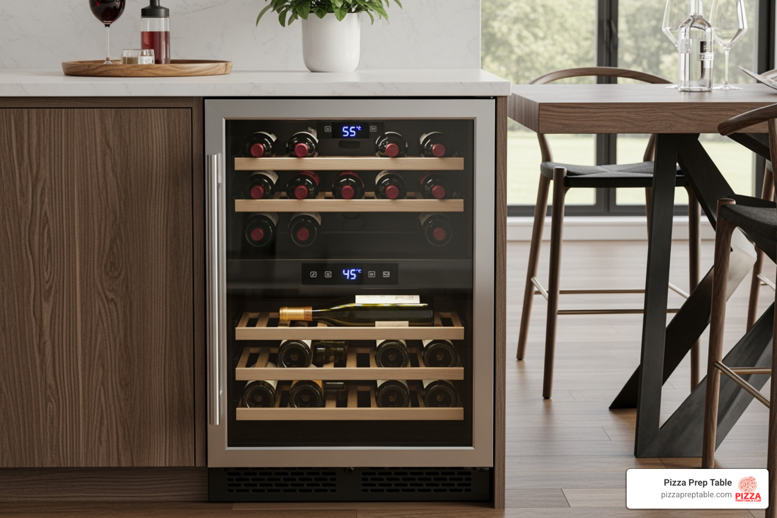 A dual-zone wine cooler showing two different temperature displays for red and white wines, with bottles visible through a glass door - 24 undercounter wine refrigerator A dual-zone wine cooler showing two different temperature displays for red and white wines, with bottles visible through a glass door - 24 undercounter wine refrigerator