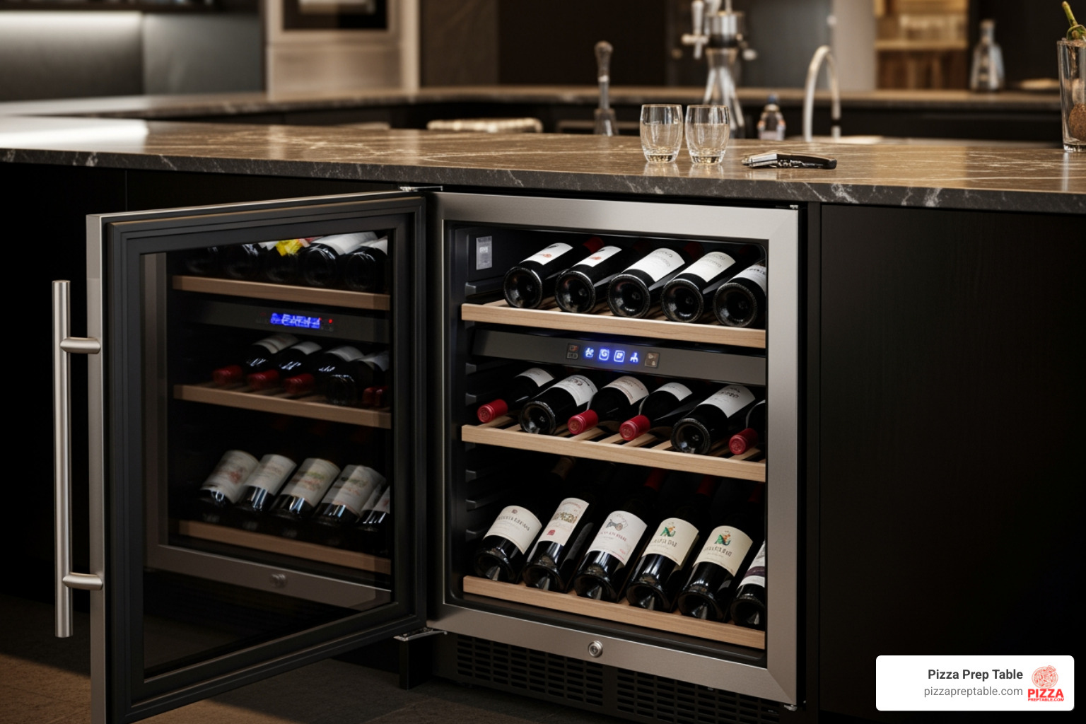 A 24-inch wine refrigerator fitting perfectly under a standard-height counter in a commercial kitchen, showcasing its seamless integration and compact design - 24 undercounter wine refrigerator A 24-inch wine refrigerator fitting perfectly under a standard-height counter in a commercial kitchen, showcasing its seamless integration and compact design - 24 undercounter wine refrigerator