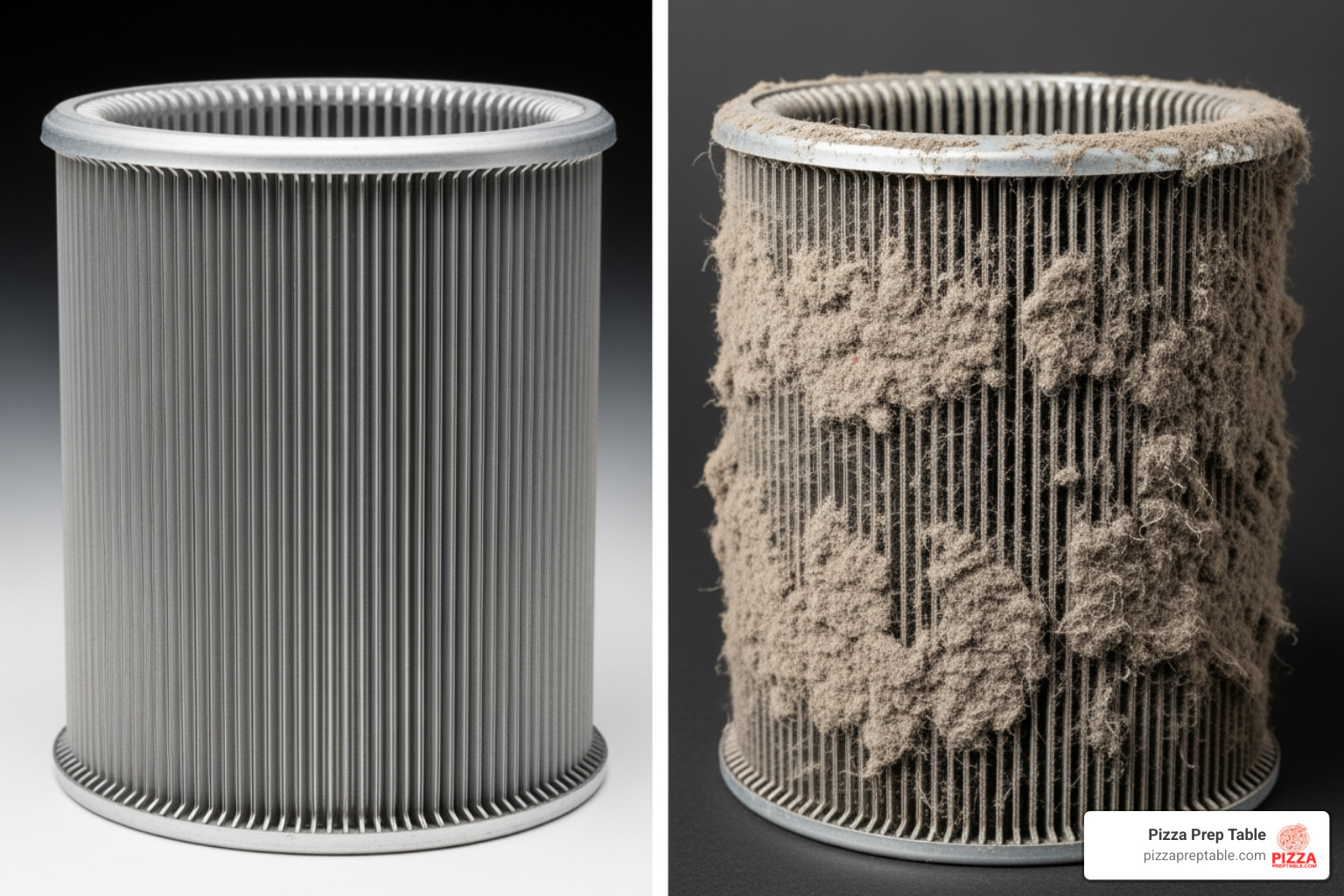 Image showing the difference between a clean condenser coil, free of dust and debris, and a dusty condenser coil, covered in a thick layer of grime - 24 undercounter wine refrigerator Image showing the difference between a clean condenser coil, free of dust and debris, and a dusty condenser coil, covered in a thick layer of grime - 24 undercounter wine refrigerator