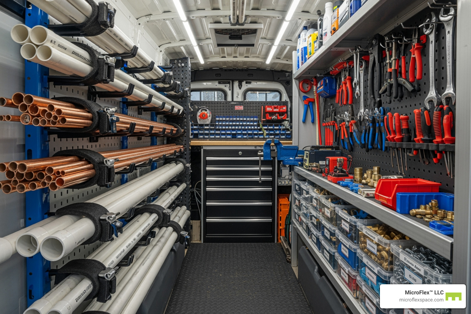 Vertical pipe storage and tool racks in a plumbing service van - Plumbing parts storage
