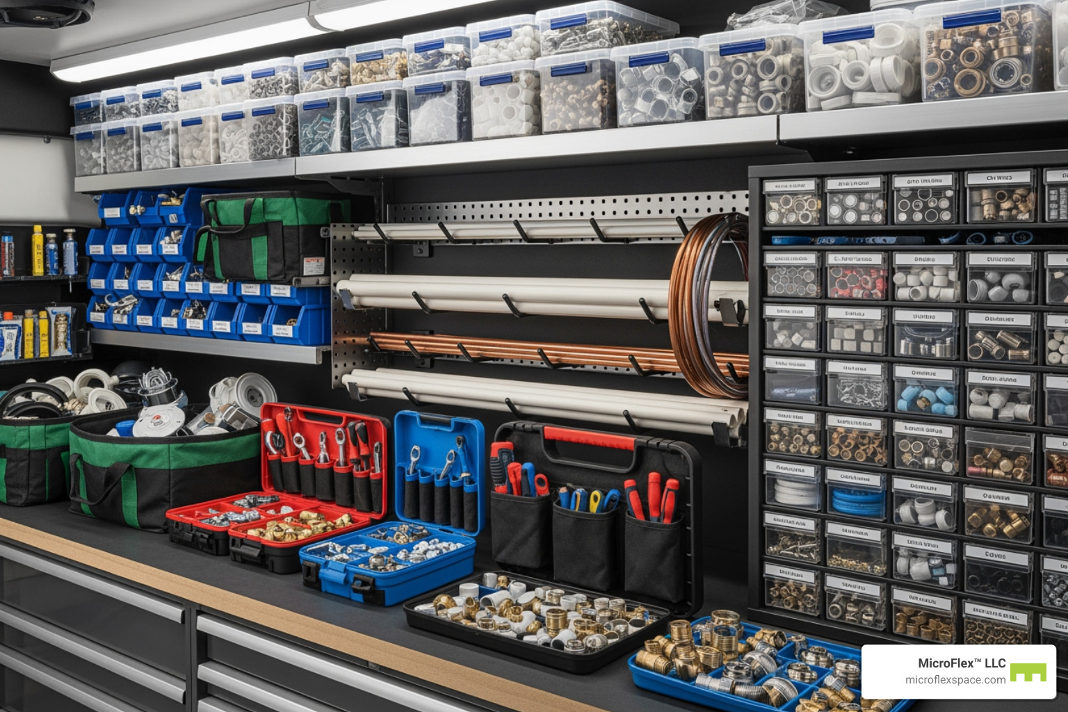 Various types of storage bins and organizers for plumbing parts - Plumbing parts storage
