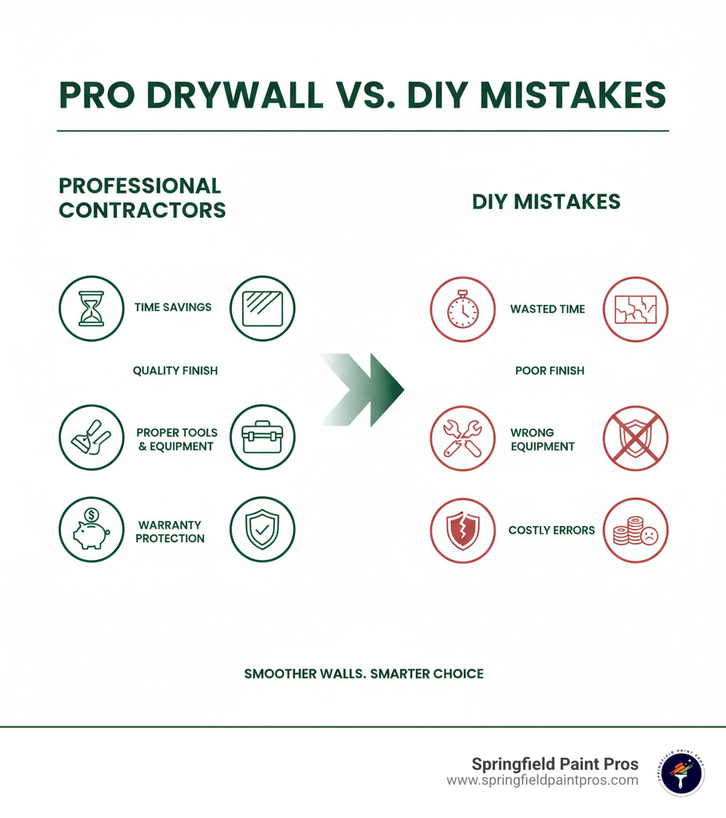 infographic showing the key benefits of hiring professional drywall contractors including time savings, quality finish, proper tools and equipment, warranty protection, and cost-effectiveness compared to DIY mistakes - drywall companies near me infographic infographic showing the key benefits of hiring professional drywall contractors including time savings, quality finish, proper tools and equipment, warranty protection, and cost-effectiveness compared to DIY mistakes - drywall companies near me infographic