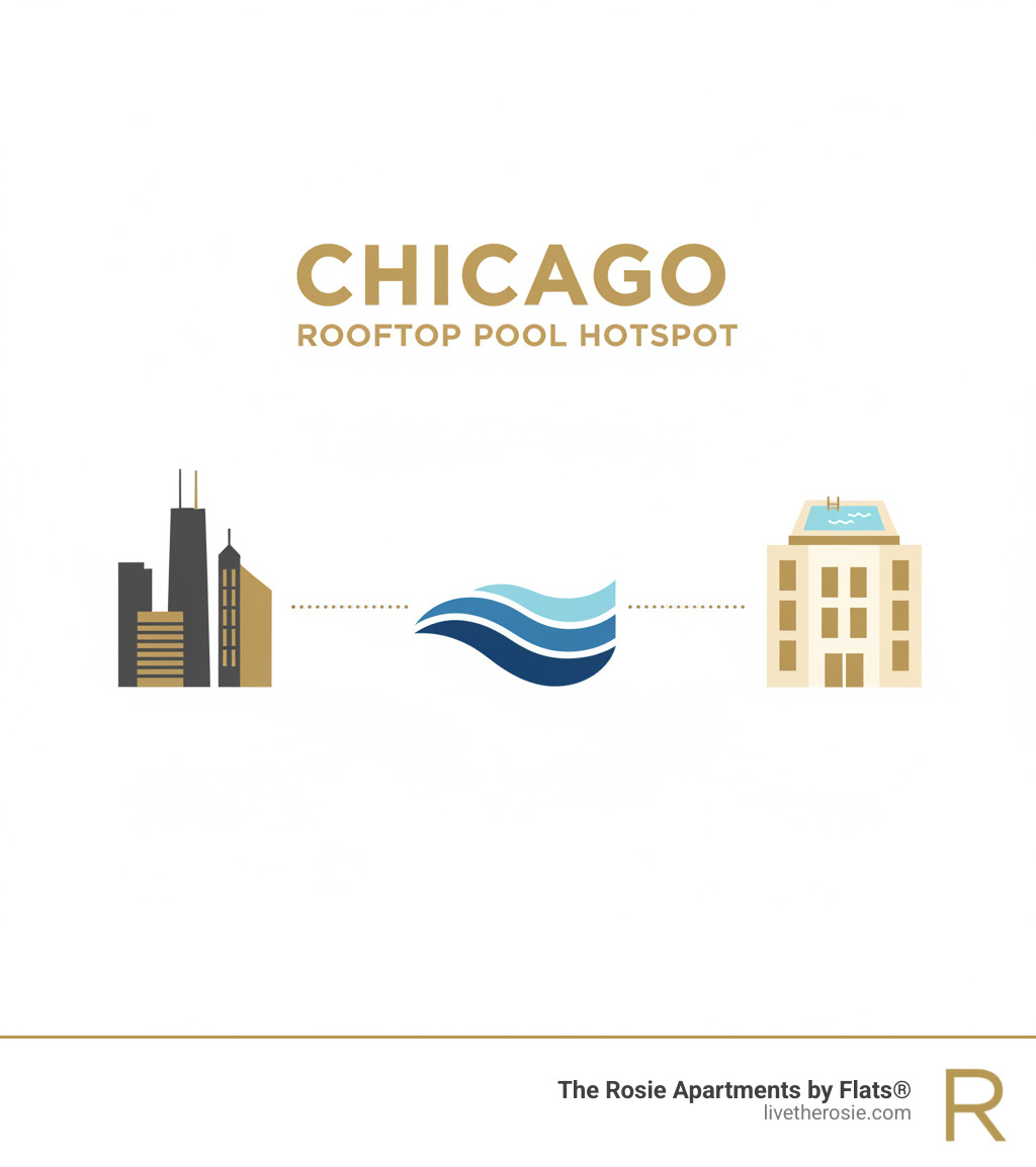 Infographic showing Chicago as a hotspot for rooftop pools with icons for skyline, Lake Michigan, and luxury apartments - apartments with rooftop pools near me infographic 