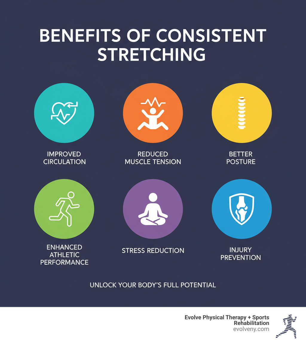 infographic showing benefits of consistent stretching routine including improved circulation, reduced muscle tension, better posture, enhanced athletic performance, stress reduction, and injury prevention with icons for each benefit - manual stretching exercises infographic 