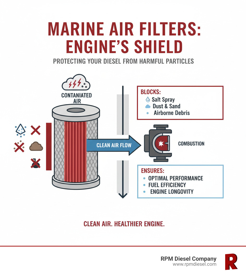 How marine air filters protect your diesel engine from salt, dust, and airborne contaminants, showing the flow of clean air through the filter into the engine's combustion chamber and the harmful particles that are blocked - Air filter replacement infographic How marine air filters protect your diesel engine from salt, dust, and airborne contaminants, showing the flow of clean air through the filter into the engine's combustion chamber and the harmful particles that are blocked - Air filter replacement infographic