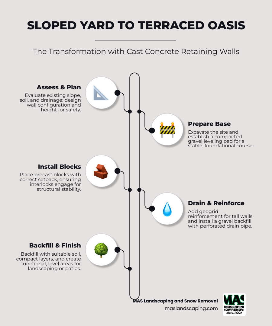 Infographic showing the transformation of a sloped yard into functional terraced spaces using cast concrete retaining wall blocks, with labels for key components: original slope, excavation area, compacted base, interlocking blocks with setback, geogrid reinforcement for tall walls, drainage system with perforated pipe and gravel, and finished level areas for gardens or patios - cast concrete retaining wall blocks infographic infographic-line-5-steps-elegant_beige