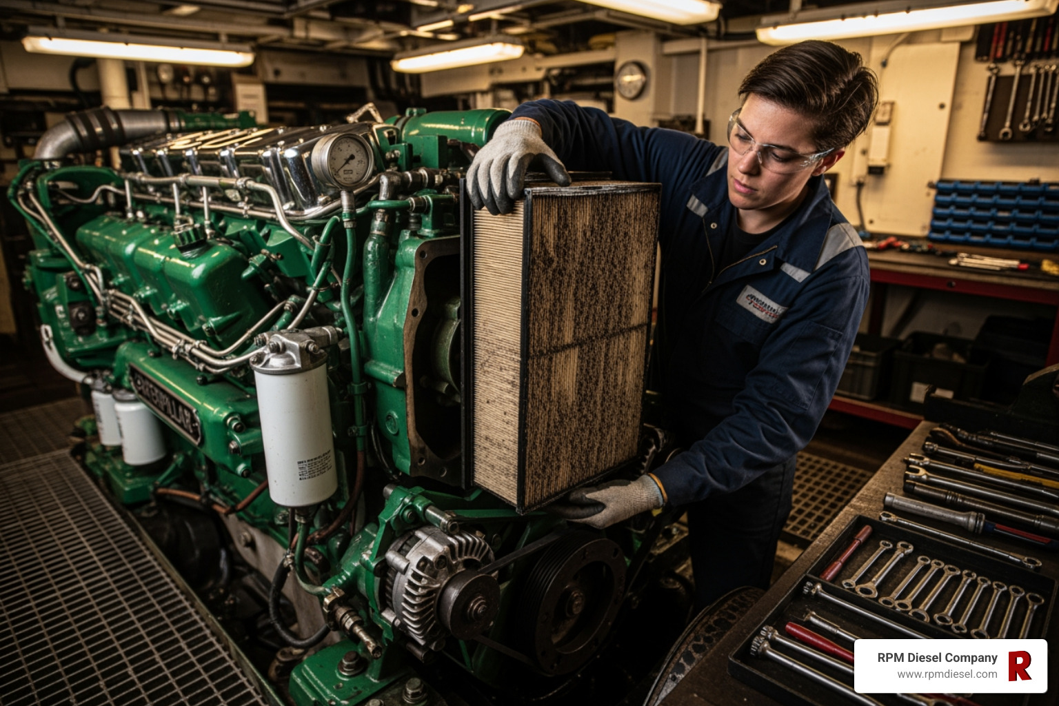 Technician removing an old air filter from a marine engine - Air filter replacement Technician removing an old air filter from a marine engine - Air filter replacement