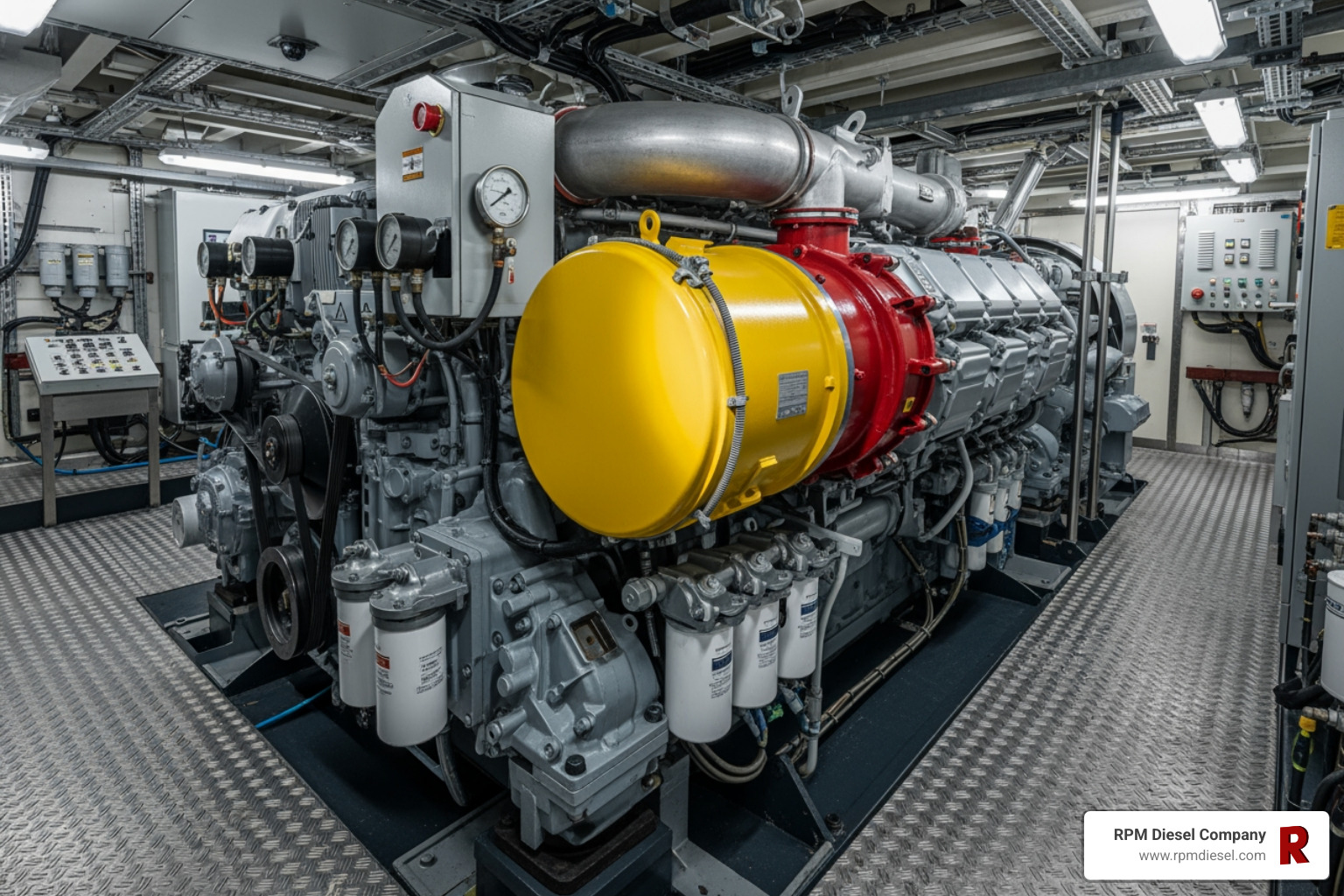 Marine diesel engine room with air filter housing highlighted - Air filter replacement Marine diesel engine room with air filter housing highlighted - Air filter replacement